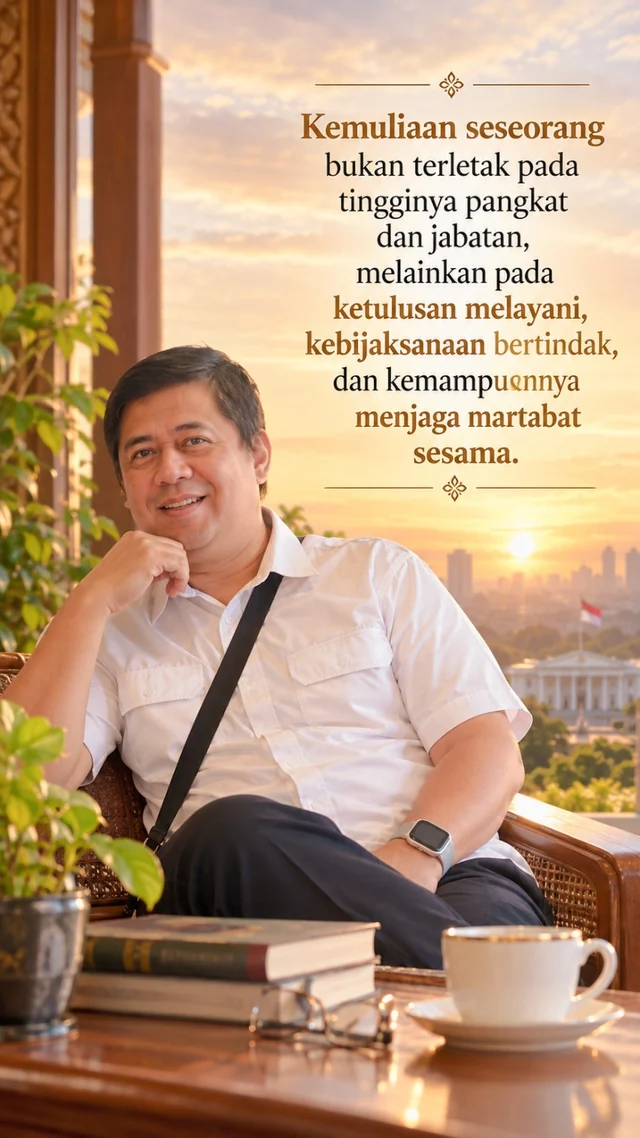 Potret Agung Endrawan dengan pesan: Kemuliaan seseorang bukan terletak pada tingginya pangkat dan jabatan, melainkan pada ketulusan melayani, kebijaksanaan bertindak, dan kemampuannya menjaga martabat sesama.